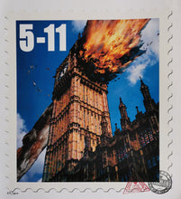 Load image into Gallery viewer, Limited edition print by James Cauty representing Big Ben being hit by a missile. Stamps of Mass destruction